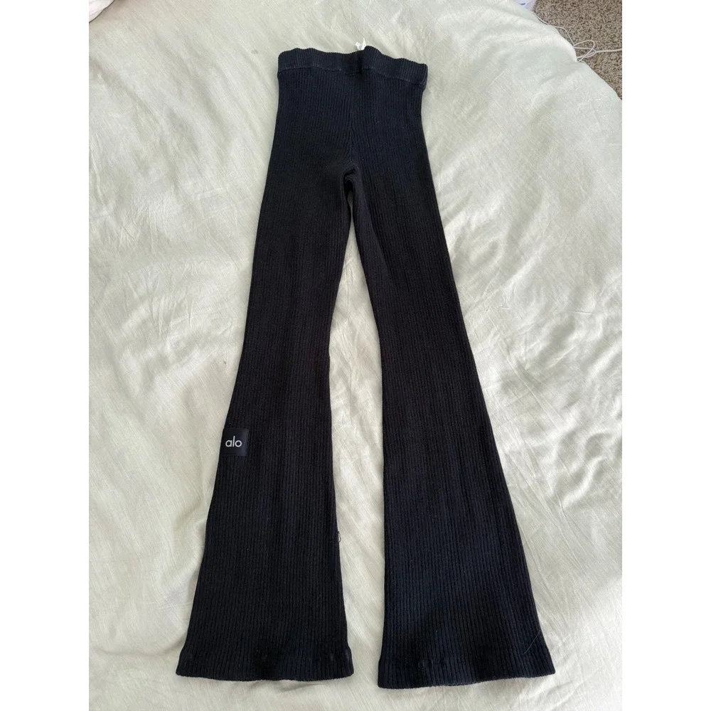 ALO Yoga Denim Knit High Waist Flare Pants Black XS Y2K Foldover Yoga Athleisure